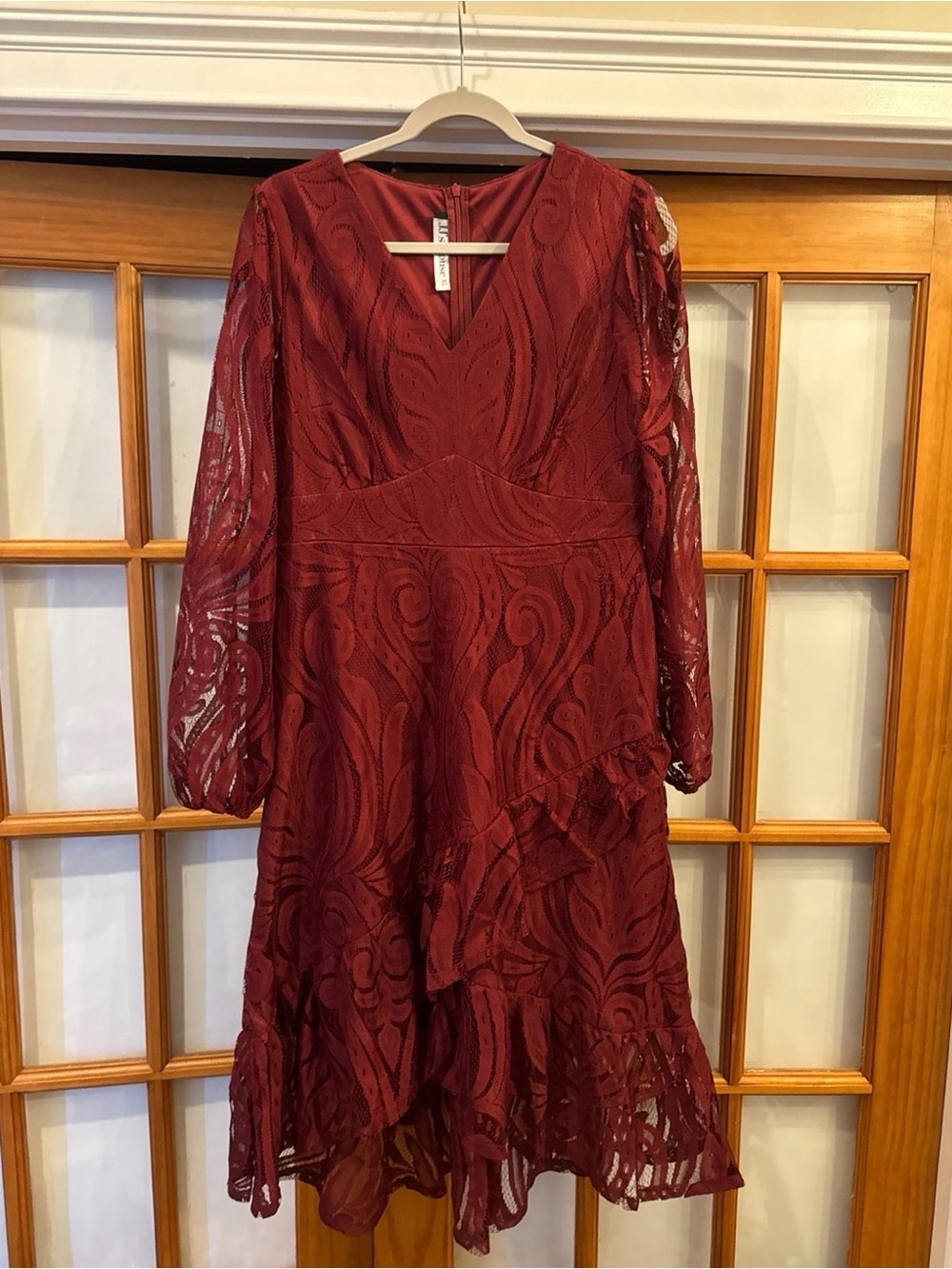 JJs House Burgundy Lace V-Neck Long Sleeve Ruffle Dress